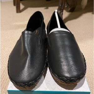 New in box. Black soft leather flat espadrille slip on shoe never worn